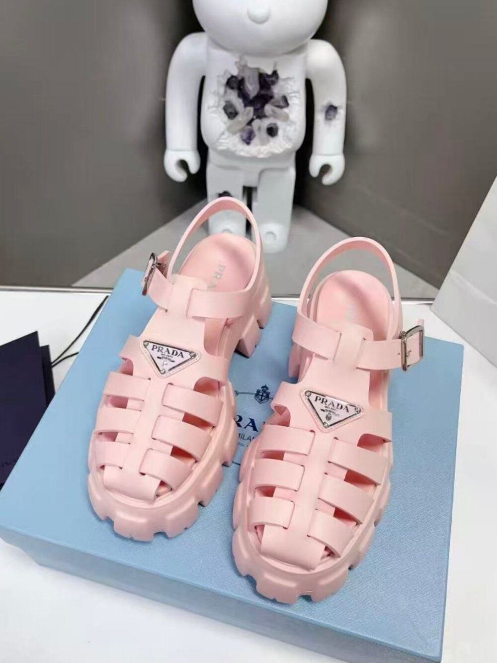 Prada Pink Cage‑Strap Rubber Platform Lug Sole Slingback Buckle Sandals